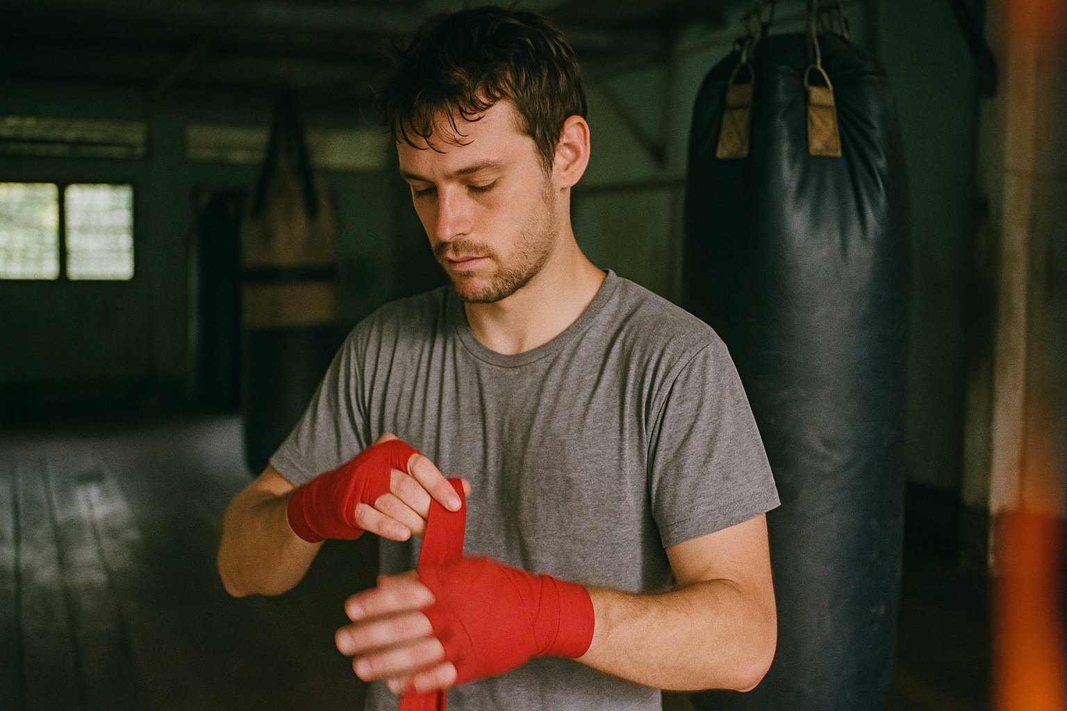 Young man wrapping boxing hands in a Muay Thai gym during early morning training.
