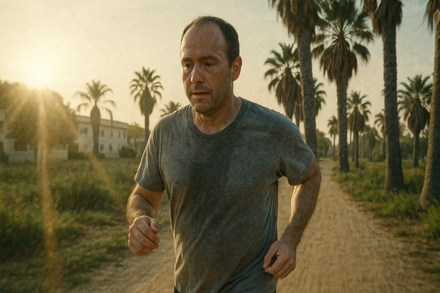 Mr. B jogging on a palm-lined path at the rehab center.