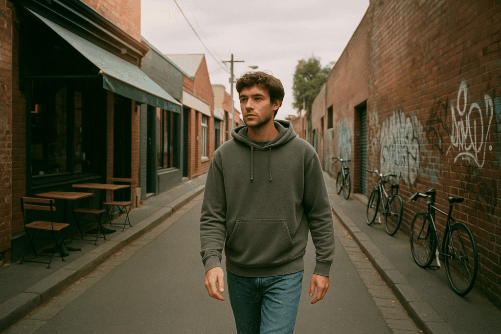 Young man walking on a quiet backstreet in Melbourne, captured with vintage point-and-shoot film camera.