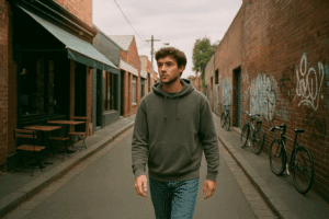 Young man walking on a quiet backstreet in Melbourne, captured with vintage point-and-shoot film camera.