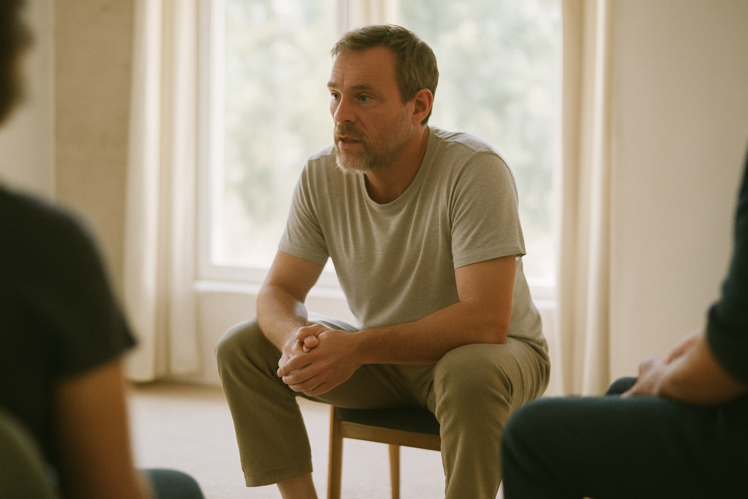 Gerry listening during a morning mindfulness group session in Thailand.