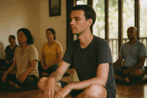 Tomas sitting quietly in a mindfulness group session during rehab in Thailand.