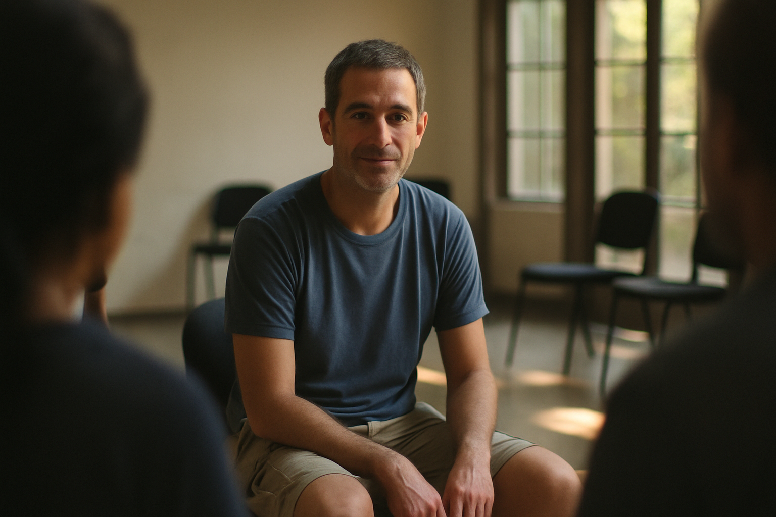 Mr. P sitting calmly in a group therapy session during his final weeks in rehab.