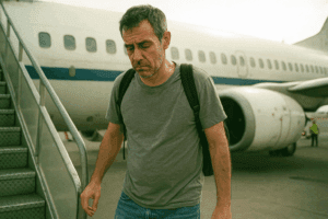 Mr. P stepping off a plane in Thailand, exhausted after his long journey.