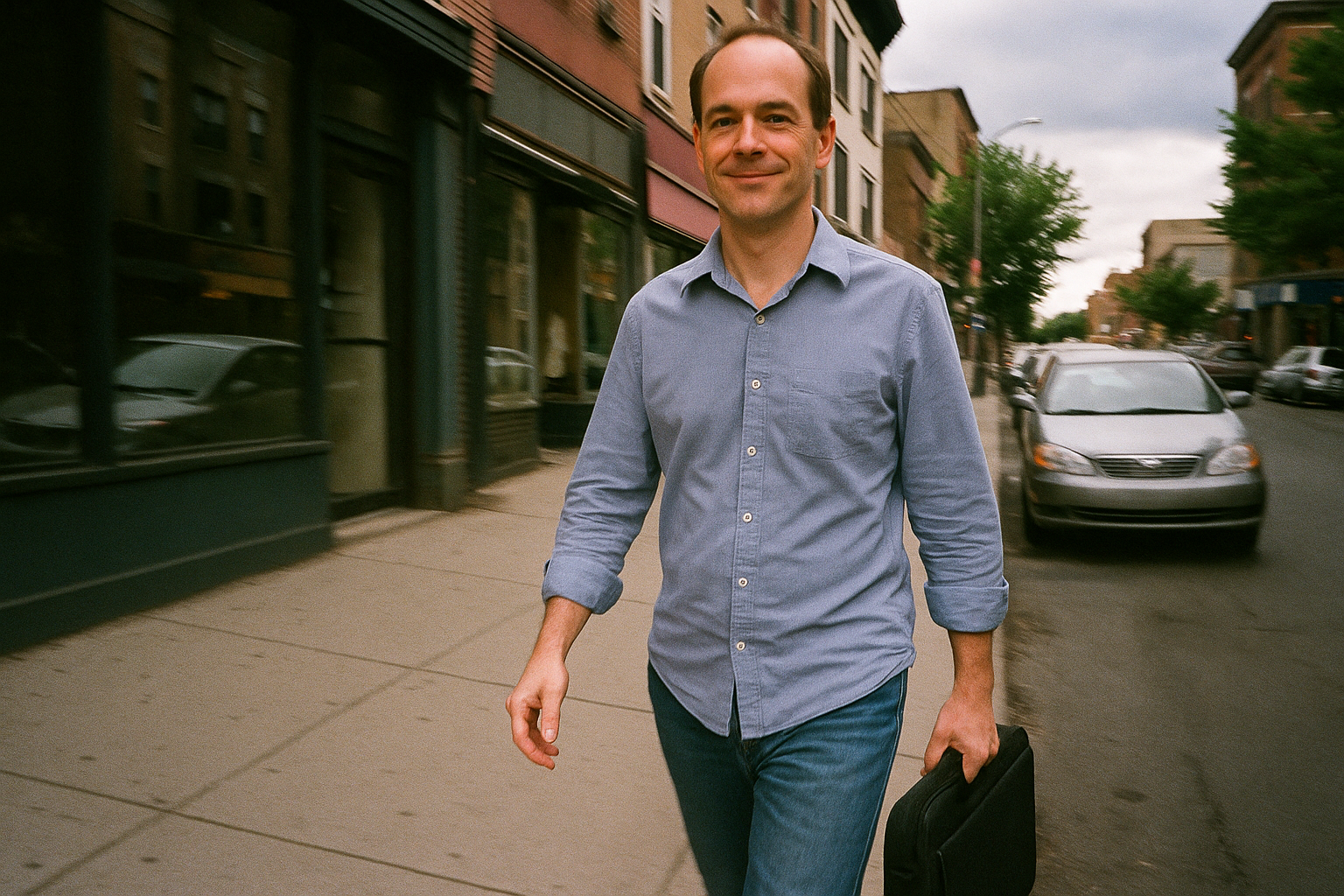 Mr. J walking in an urban environment following completion of residential treatment.