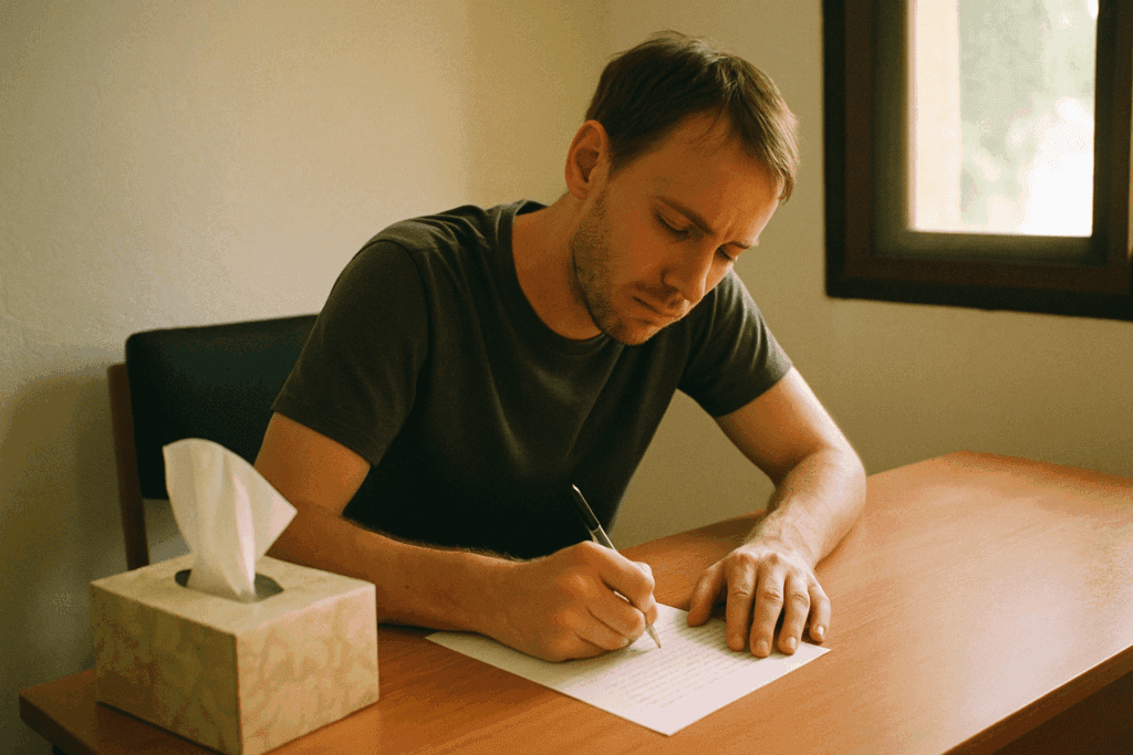 Mr. R writing a letter to his late father during therapy.