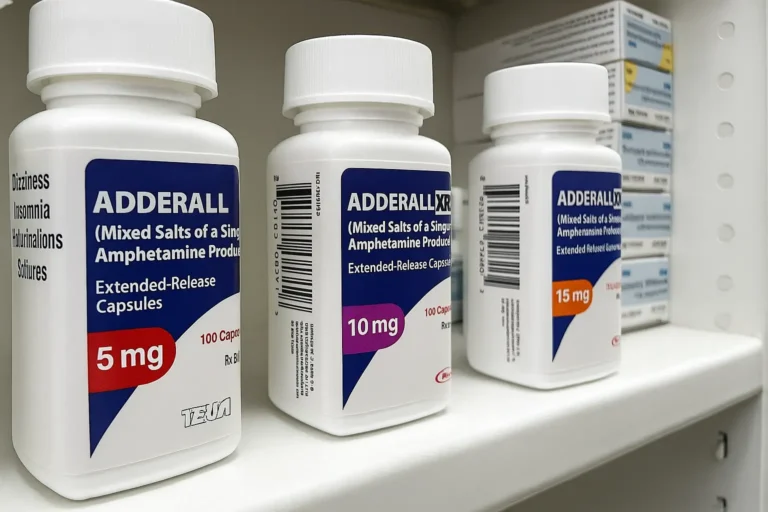 Bottles of Adderall medication in different dosages (5mg, 10mg, 15mg) on a pharmacy shelf, highlighting the potential for misuse and dependence treated at Siam Rehab.