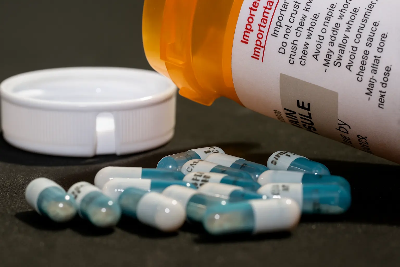 Prescription pill bottle tipped over with blue and white capsules spilled onto a dark surface, symbolizing the risks of prescription drug misuse and the need for treatment at Siam Rehab.