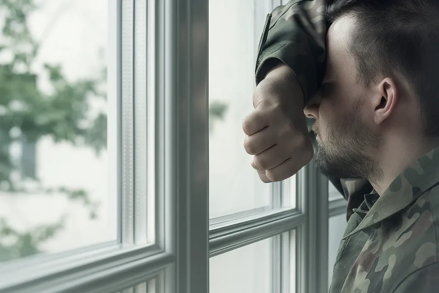 Man in military uniform leaning against a window, overwhelmed by stress after major life changes.