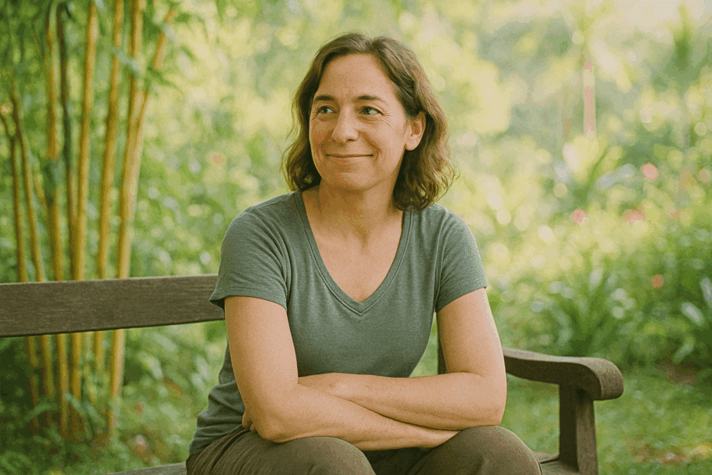 A woman in her 40s sitting peacefully on a wooden bench in a bright tropical rehab garden, reflecting during alcohol recovery.