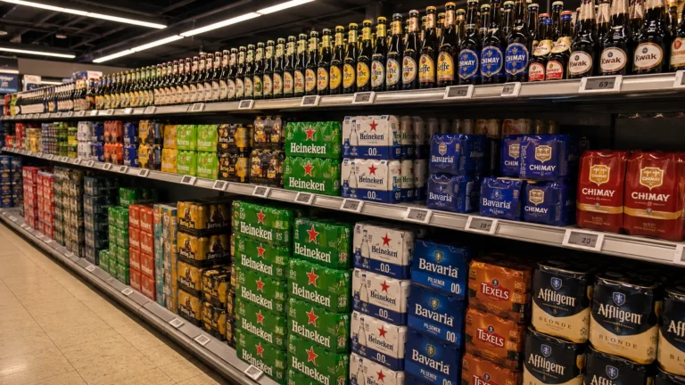 Bred supermarkedshylde fyldt med ølmærker som Heineken, Bavaria og Chimay, der illustrerer alkoholens allestedsnærværende tilgængelighed i dagliglivet