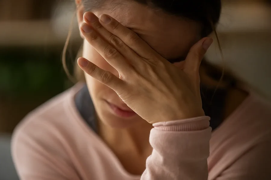 Distressed woman covering face with hand, symbolizing anxiety and emotional struggle
