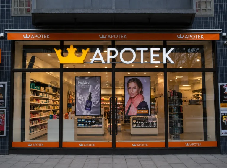 Svensk apoteksbutik med skyltfönster och läkemedelshyllor - illustration av tillgången till receptbelagda läkemedel i Sverige