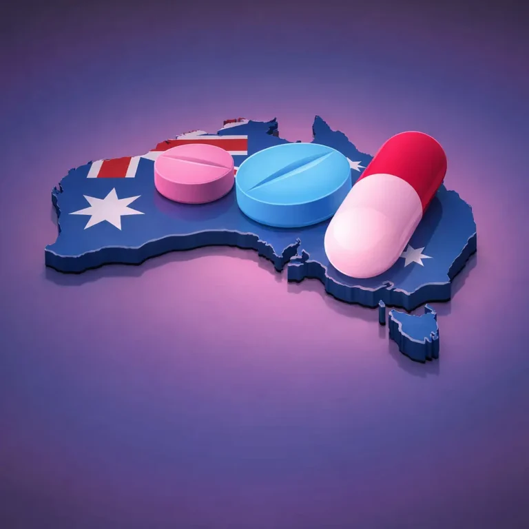 Pharmaceutical pills placed on a map of Australia, representing regulation and addiction treatment considerations within the Australian healthcare system.
