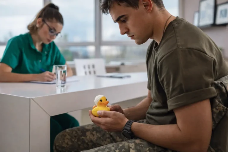 Man seated in a clinical consultation setting holding a small rubber duck while a healthcare professional writes notes, representing psychological evaluation during residential addiction treatment consideration.