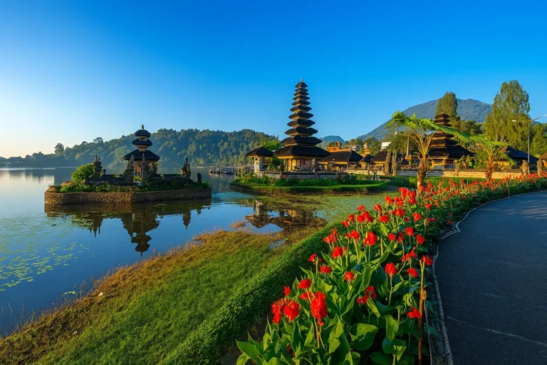 Bali water temple on a lakeside with surrounding gardens and mountains