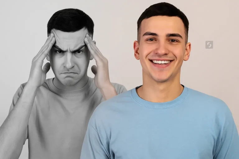Young man with two contrasting expressions — one side in black and white showing stress and frustration, the other side in color showing happiness and relief, symbolizing the emotional changes in addiction recovery with Siam Rehab.