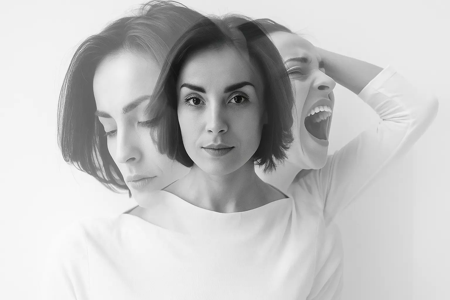 Woman shown with three overlapping faces — one calm, one sad, and one distressed — representing the emotional highs and lows of bipolar disorder and its connection to addiction recovery at Siam Rehab.