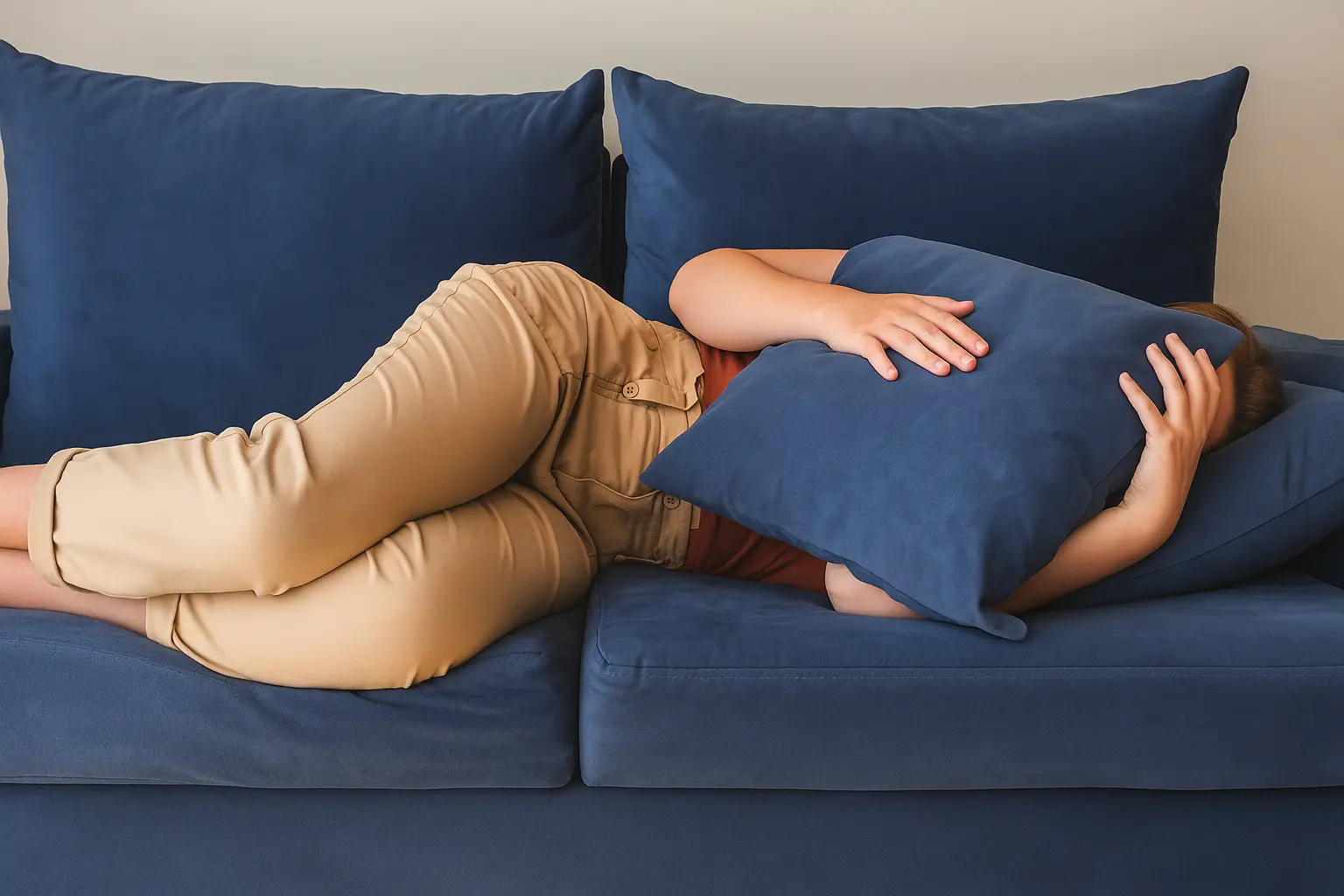 Person lying on a couch with a pillow covering their face, showing exhaustion, depression, or withdrawal symptoms, representing the emotional and physical toll of addiction and the need for recovery support at Siam Rehab.