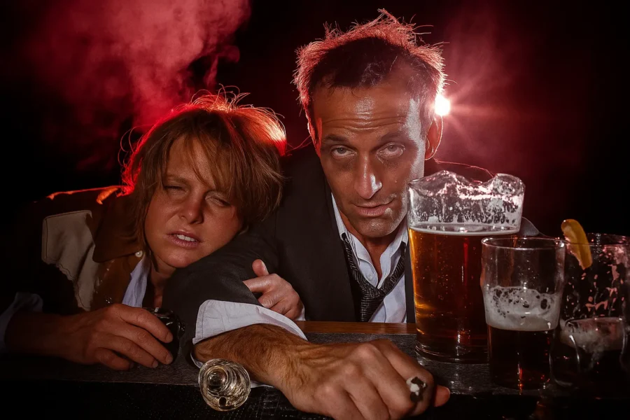 Two people showing signs of chronic alcohol dependence, exhausted and surrounded by beer glasses, illustrating the struggles of long-term alcohol use.