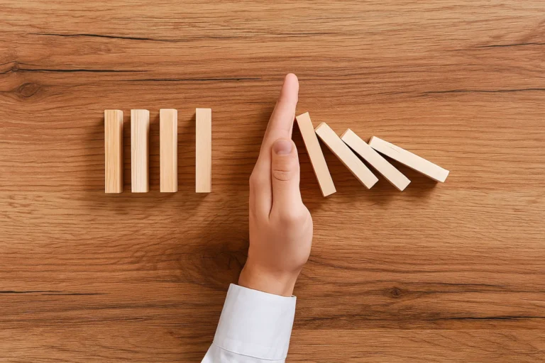 Hand stopping a line of falling wooden blocks