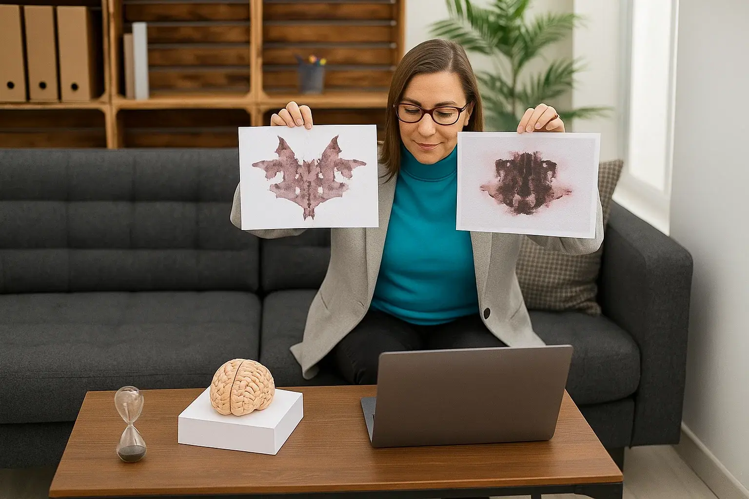 Psychologist holding projective assessment materials during a clinical evaluation