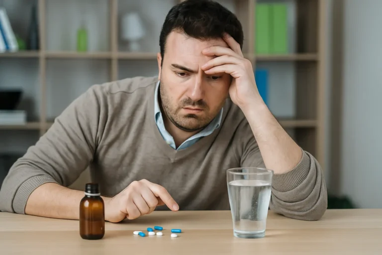 A distressed man sits at a table, staring at several pills next to a glass of water and a medicine bottle, symbolizing prescription drug misuse and addiction struggles, with recovery support available at Siam Rehab.