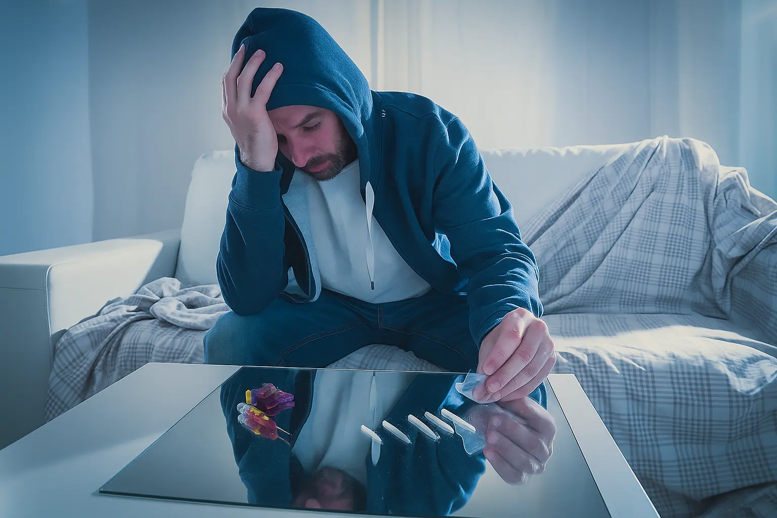 man in a hoodie sits on a couch, looking distressed as he faces several lines of white powder on a table, symbolizing cocaine addiction and the heavy toll of substance abuse, with hope for recovery at Siam Rehab.