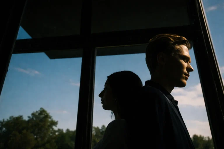 Silhouette of a man and woman standing back-to-back near a window, representing relationship strain and the difficult decision of choosing inpatient rehab.