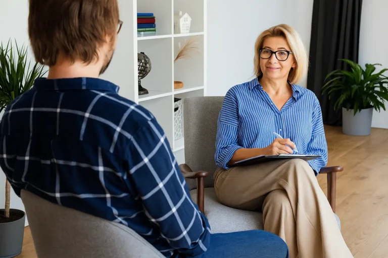 A therapist in glasses and a striped shirt sits with a clipboard, listening to a client during a counseling session, representing supportive addiction recovery therapy at Siam Rehab.