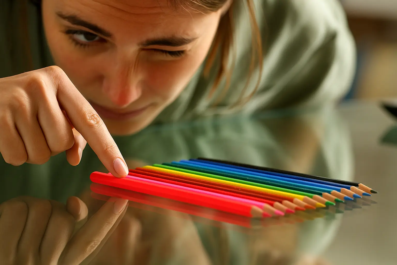 Close-up of a woman arranging colored pencils in a precise order, symbolizing anxiety, obsessive-compulsive behavior, and the need for structured recovery support at Siam Rehab.