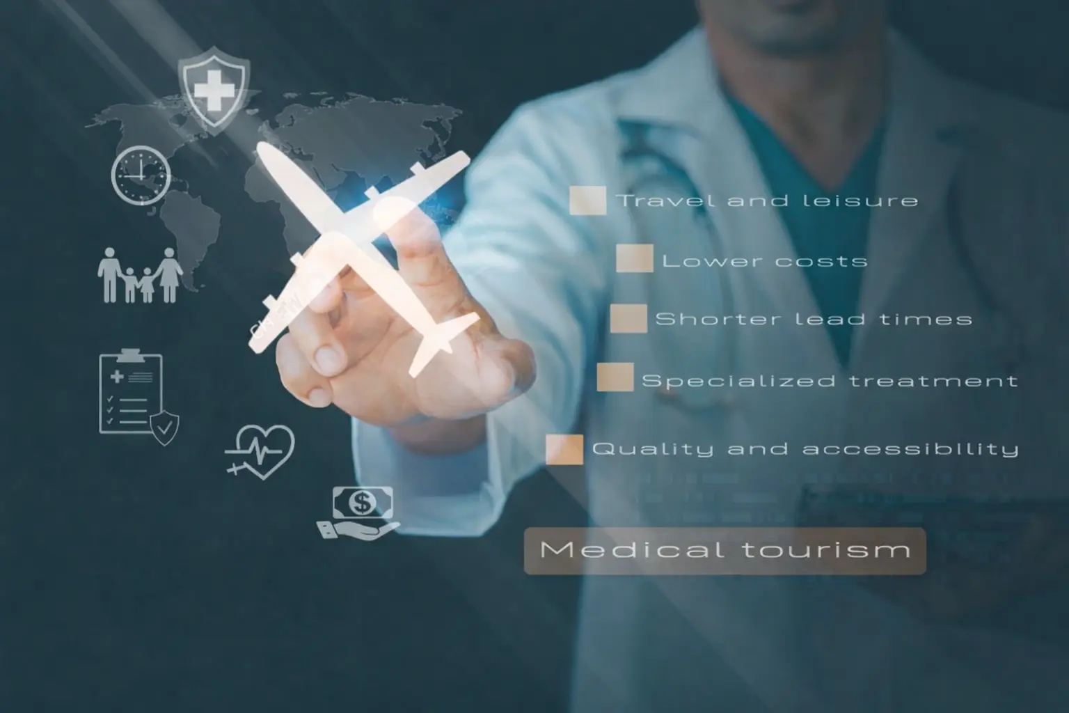 A doctor in a lab coat interacts with a holographic interface, pointing to a glowing airplane icon next to a checklist of benefits for medical tourism, including "Lower costs" and "Specialized treatment".