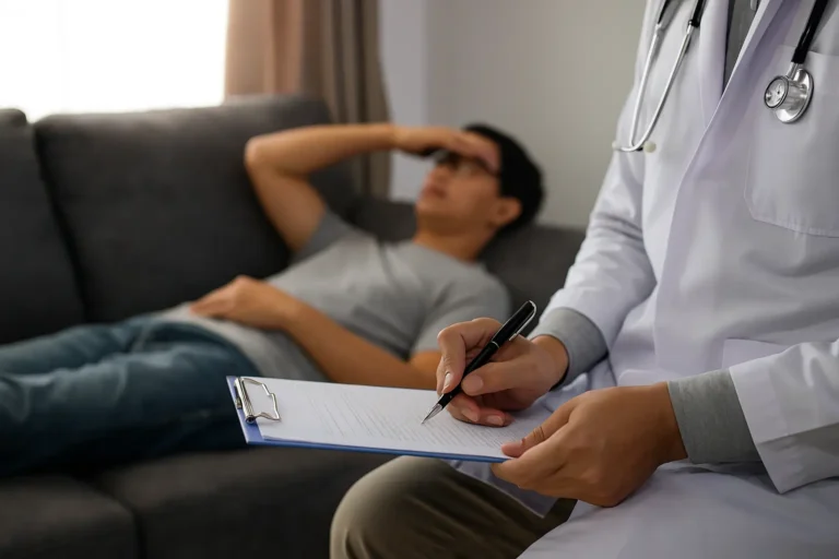 A doctor in a white coat takes notes on a clipboard while a man lies on a couch with his hand on his forehead, symbolizing stress, addiction struggles, or dual diagnosis treatment at Siam Rehab.