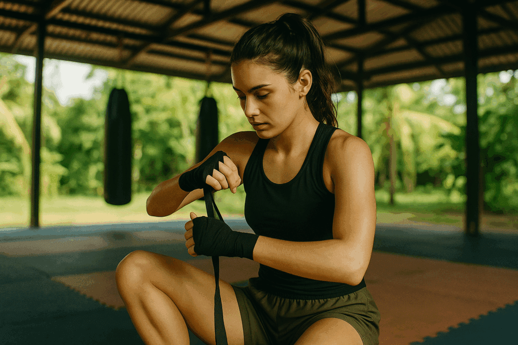 A 22-year-old woman training in Muay Thai at a tropical rehab center, focused and determined.