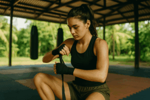 A 22-year-old woman training in Muay Thai at a tropical rehab center, focused and determined.