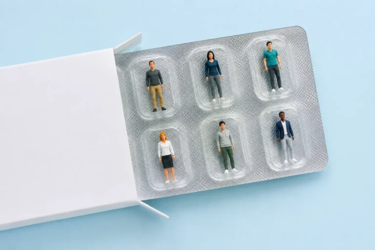 Konceptuel illustration med seks miniaturefigurer i en pilleblister, der symboliserer hvordan hver person i familien påvirkes individuelt af afhængighed