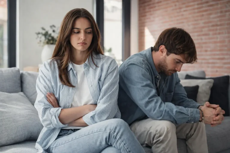 A frustrated woman with her arms crossed sits on a sofa, turned away from a distressed man who is sitting beside her with his head down.