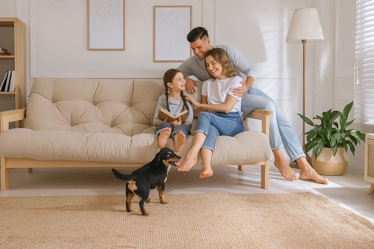 Family sitting together on a sofa with a small dog in a bright living room