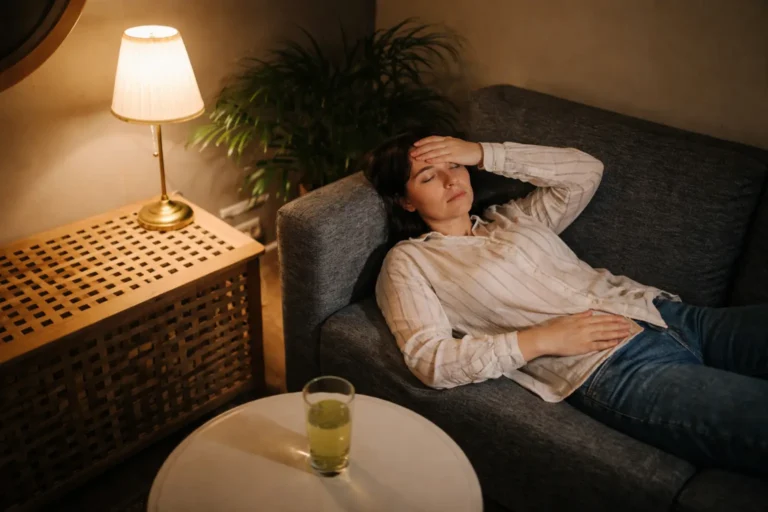 Woman lying on a couch with her hand on her forehead appearing exhausted and overwhelmed.