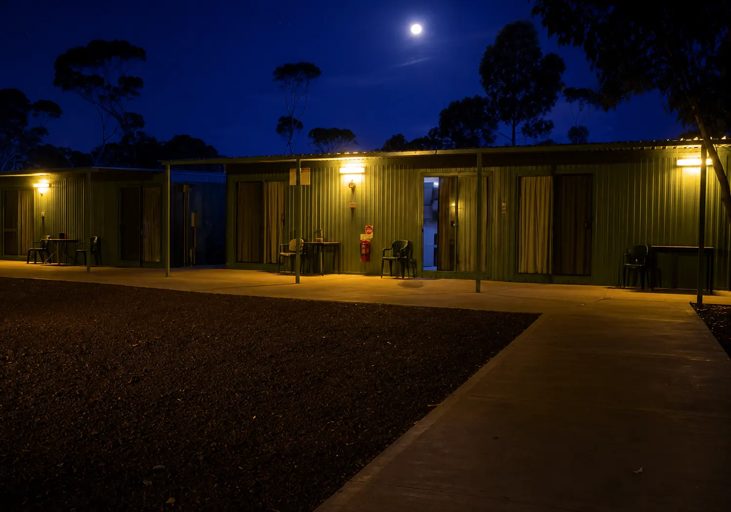 Remote FIFO workers accommodation camp at night in Australia