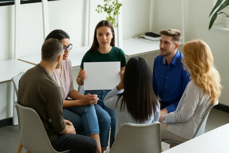 Group seated in a circle while one person holds a blank card.