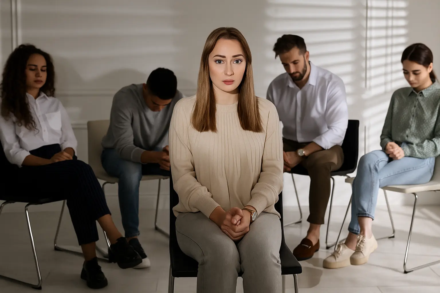 Participants seated in a reflective group therapy session