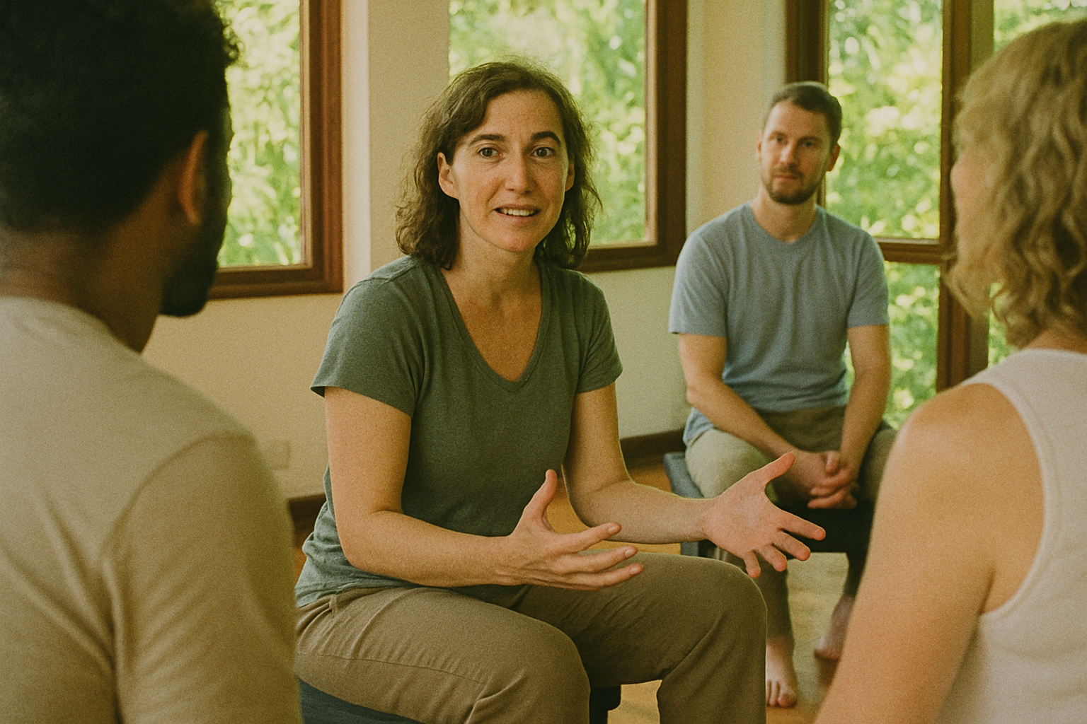A woman in her 40s engaging in group therapy at a tropical rehab center, surrounded by others in a bright, supportive setting.