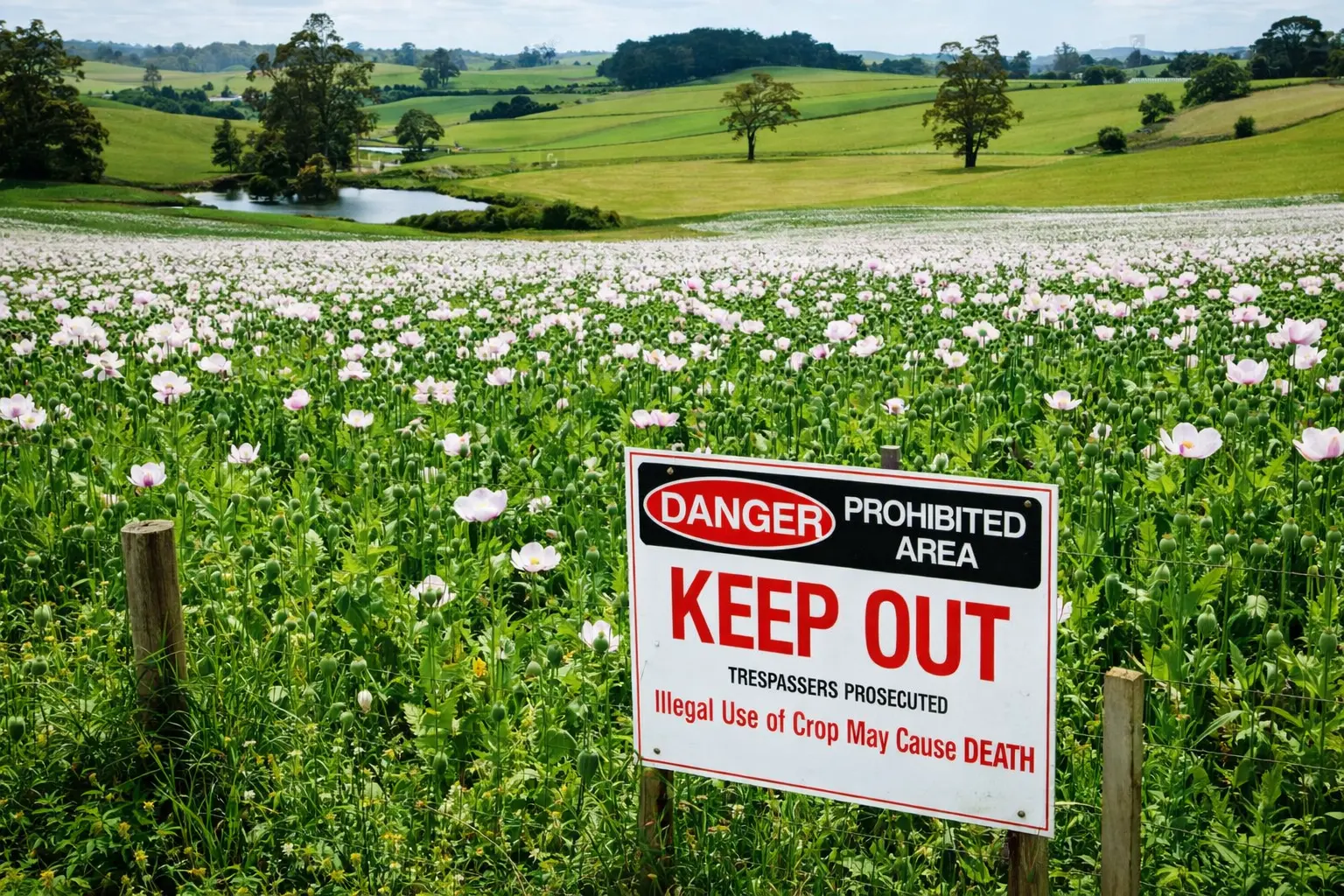 A warning sign reading “Danger Prohibited Area Keep Out” placed in front of a flowering opium poppy field, indicating restricted access and risk.