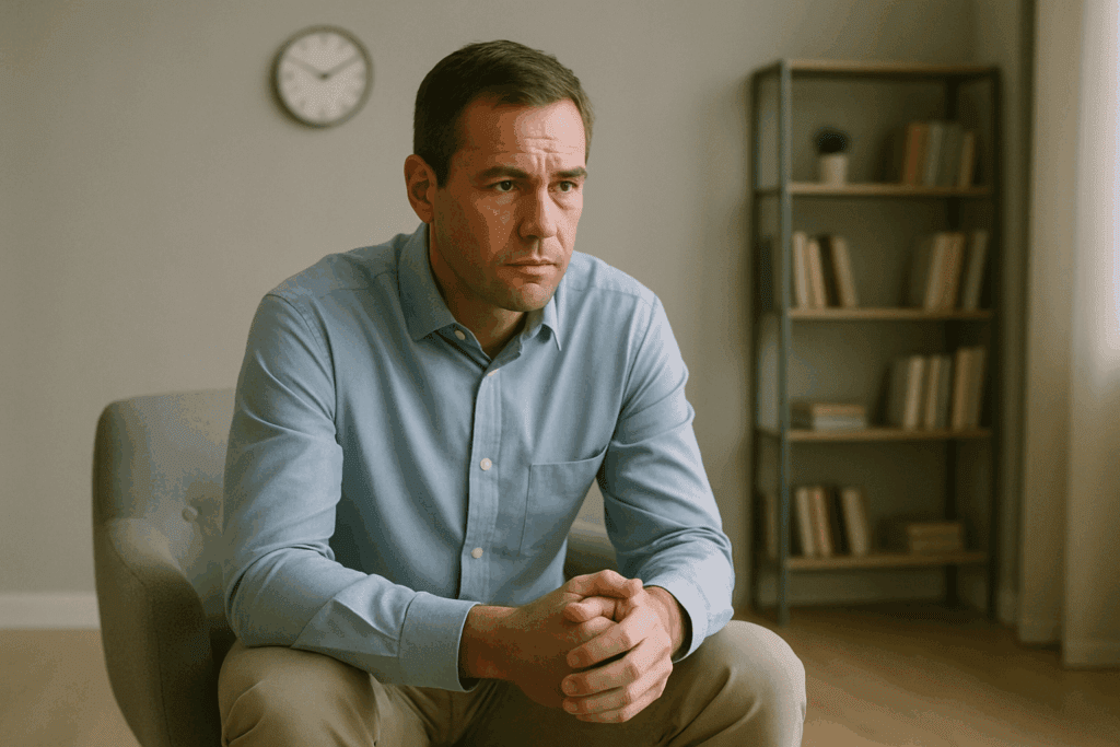 A mature man in his 40s sitting forward in a therapy room, deep in thought at the beginning of his recovery.