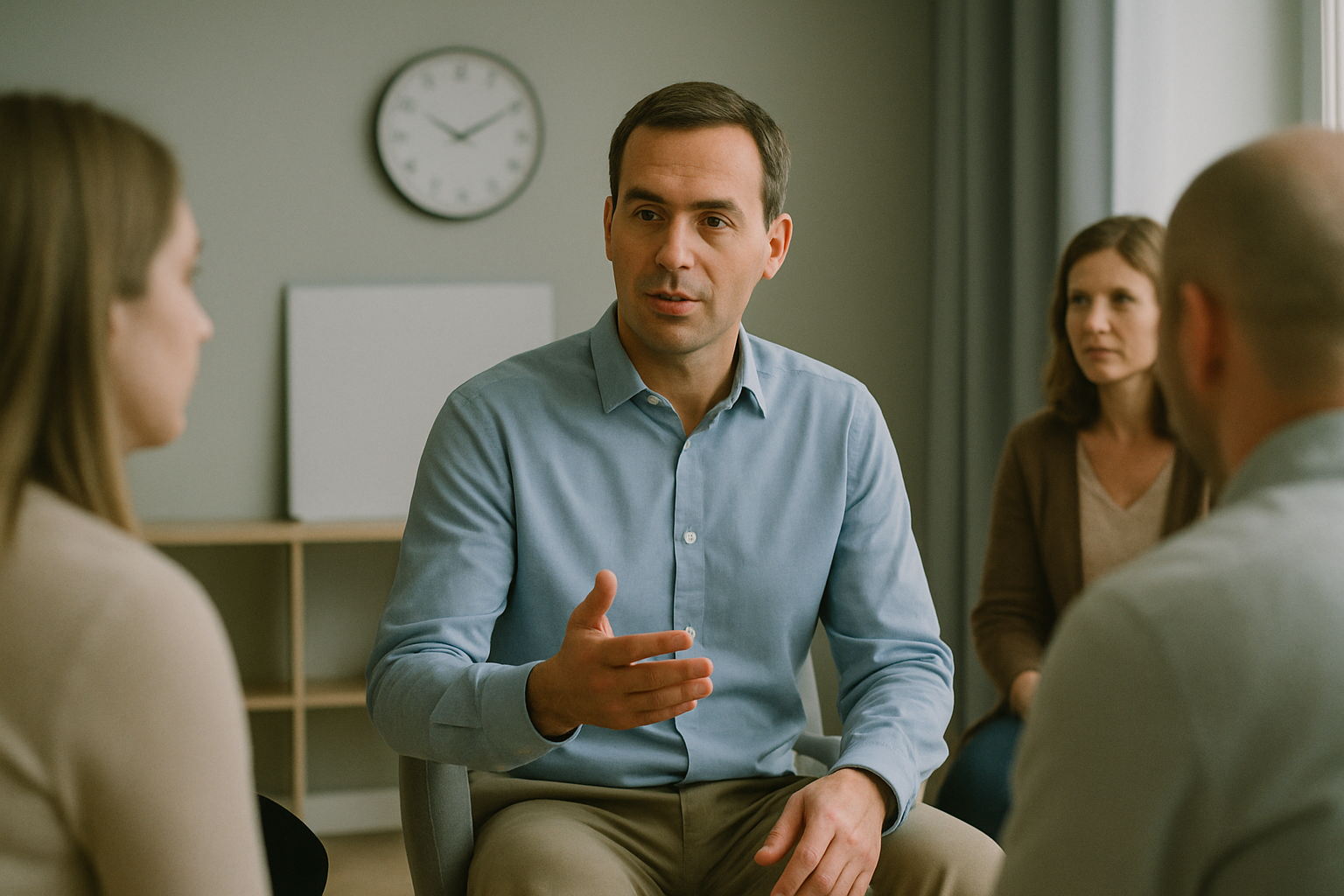 James speaking calmly during a group therapy discussion among peers.