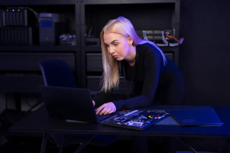 Kvinne arbeider konsentrert med bærbar PC i mørkt teknisk rom