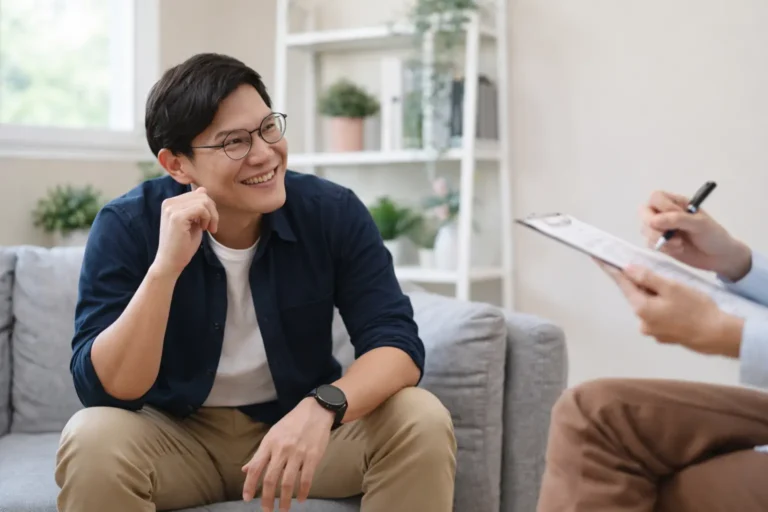 A man sits on a sofa and smiles while talking with a clinician who is taking notes on a clipboard during a treatment center intake session.