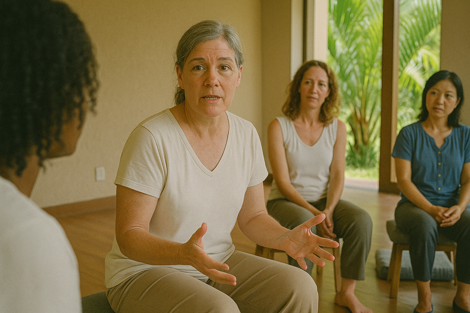 Margaret speaking during a women’s group therapy session at a tropical rehab center.
