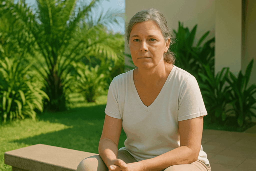 A 55-year-old woman sitting calmly outdoors at a rehab center, surrounded by tropical plants and natural light.